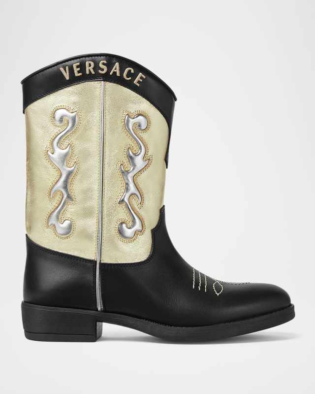 Girl's Calf Leather Laminated Embroidered Boots, Kids